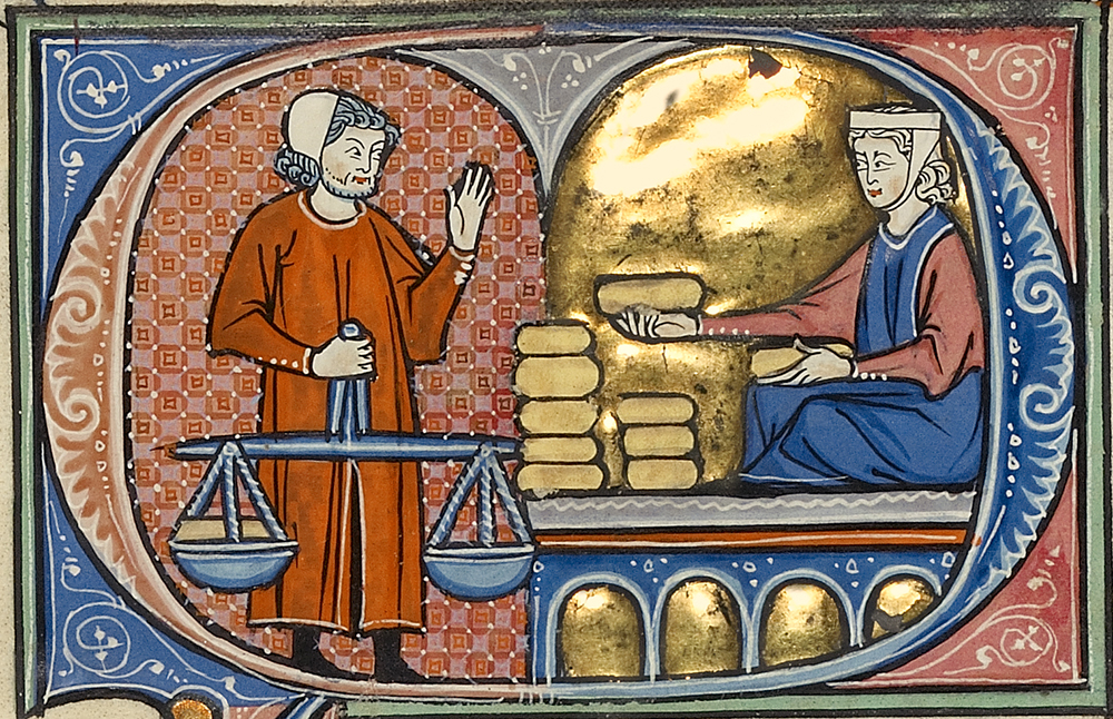 A Woman with Bread Loaves Before a Man Holding a Scale, Spain, c. 1290.