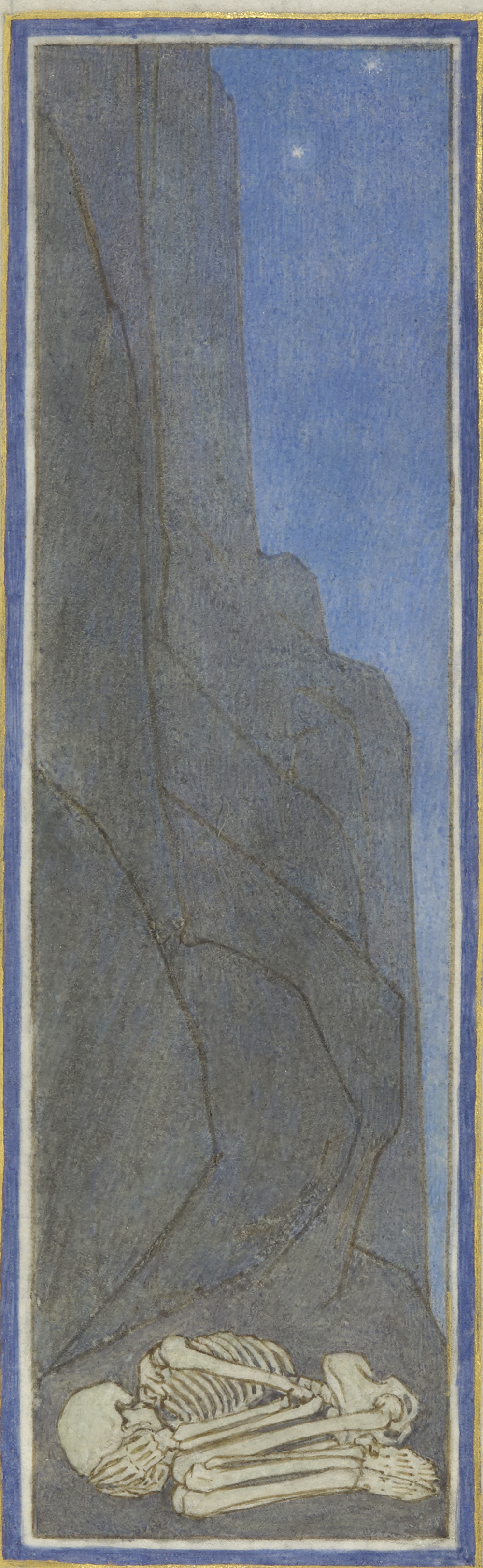 A Human Skeleton at the Foot of a Rock Face, by Florence Kingsford Cockerell, 1908.