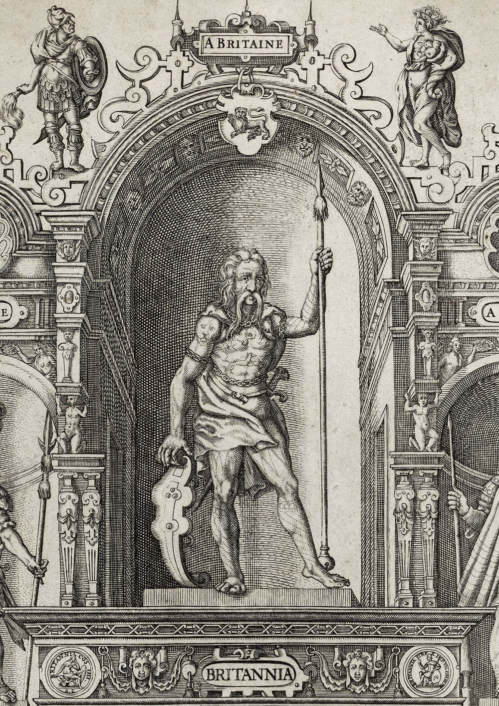 An ancient Briton depicted with tattoos of animals and geometric patterns, from the frontispiece in John Speed’s The History of Great Britain, 1614.