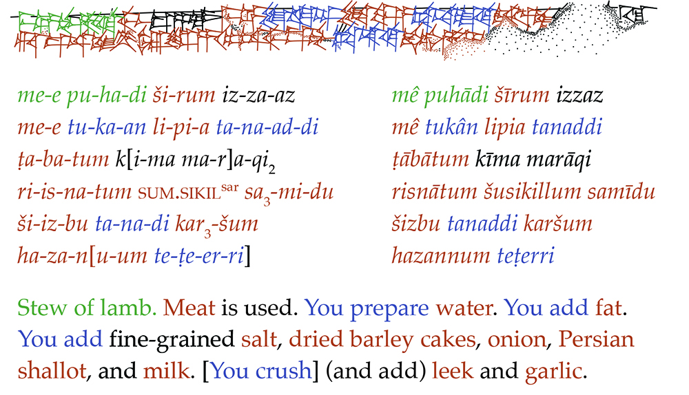 Courtesy of Klaus Wagensonner. Stew of lamb. Meat is used. You prepare water. You add fat. You add fine-grained salt, dried barley cakes, onion, Persian shallot, and milk. [You crush] (and add) leek and garlic.