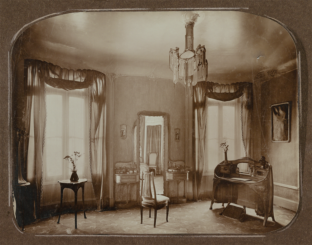 Partial view of Mme. Guimard’s bedroom, Hôtel Guimard, Paris, c. 1909. Cooper Hewitt, Smithsonian Design Museum, Gift of Madame Hector Guimard.