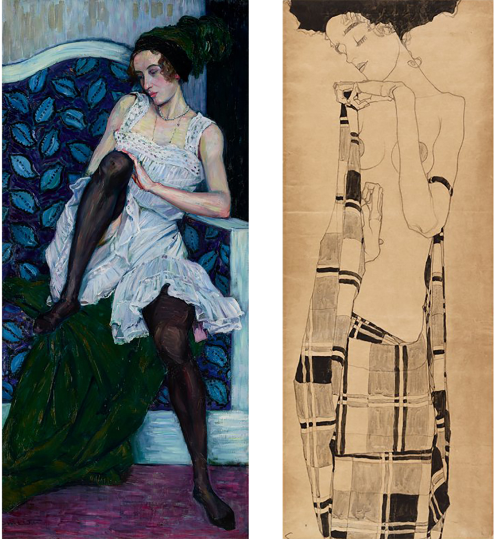 Left: Young Woman in Undergarments, by Wilhelm List, c. 1910. Right: Standing Girl, by Egon Schiele, c. 1910.