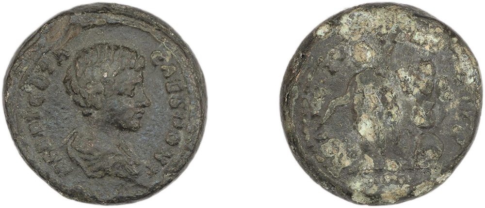 Ancient Roman forged coin made of lead, featuring a bust of Geta. 