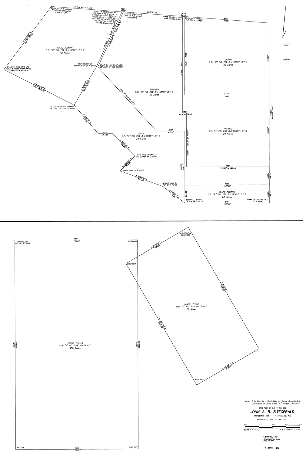 Reconstructed plat map for 1870 Fitzgerald deed to Isaac Allman et al. Original deed in Haywood County Deed Book K, 252. Image credit: L. Kevin Enlsey, PLS.