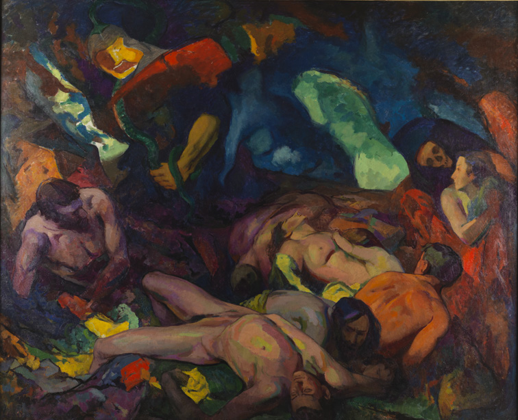 A colourful expressionist painting depicting a number of dead bodies.