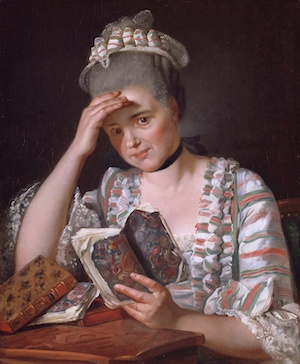 Jacques Louis David's painting of Madame Francois Buron reading. She holds a book in marbled paper wrappers.