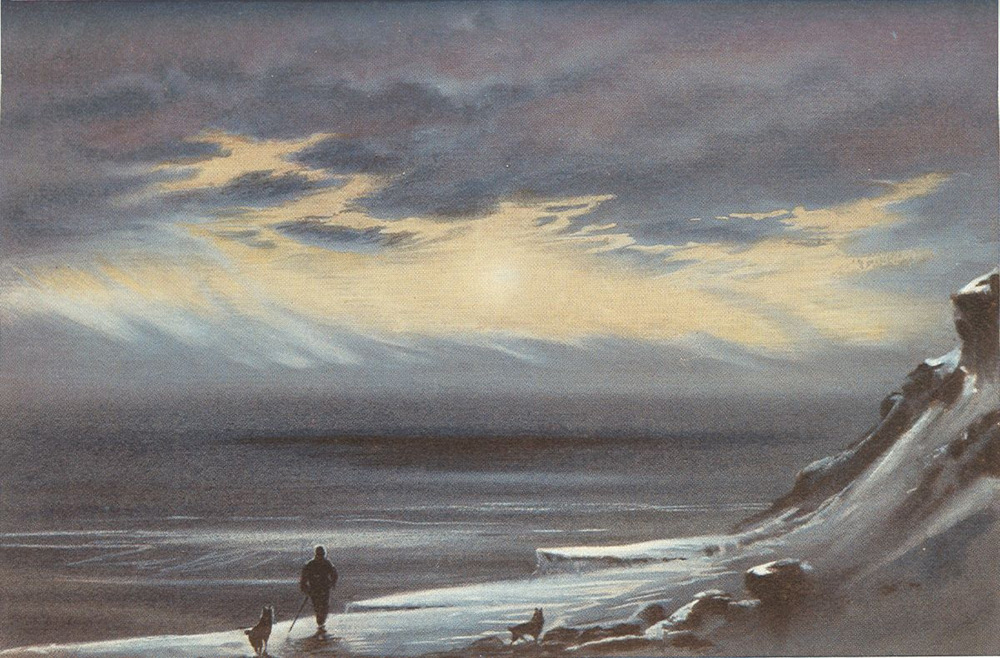 <em>Cape Evans in Winter</em>, by Dr. Edward A. Wilson, 1911, from <em>The Worst Journey in the World: Antarctic, 1910–1913, Vol. 2</em>, by Apsley Cherry-Garrard, 1922. Project Gutenberg. Cape Evans in Winter, by Dr. Edward A. Wilson, 1911, from The Worst Journey in the World: Antarctic, 1910–1913, Vol. 2, by Apsley Cherry-Garrard, 1922. Project Gutenberg.