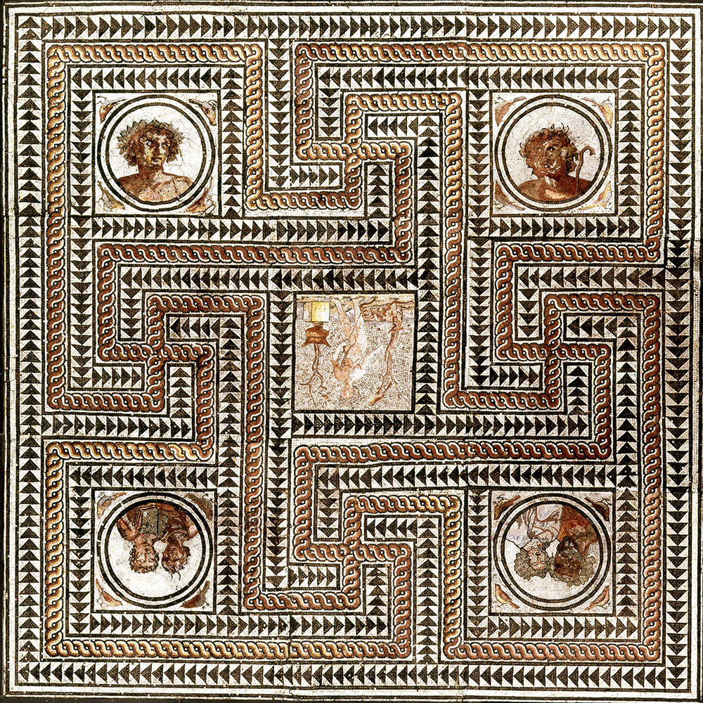 Mosaic pavement showing Silvanus and his dog, and, in the four roundels, Silenus and a maenad; Pan and a maenad; satyr; and Bacchus.