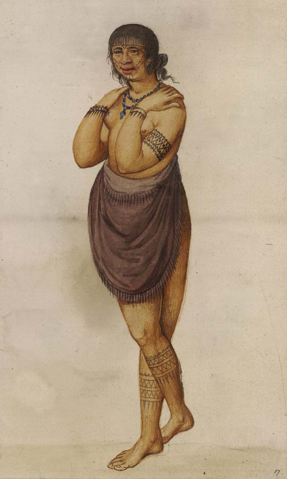 An elite woman of the Pamlico River region, tattooed on her face, arms, and legs, by John White, c. 1585.