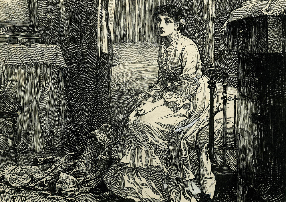 “She sat down on the little white bed and began to think,” illustration of a woman wearing a long dress and sitting on the edge of a bed, dressing table, and stool, for “Within the Precincts,” in Cornhill Magazine, April 1878. © The Trustees of the British Museum.