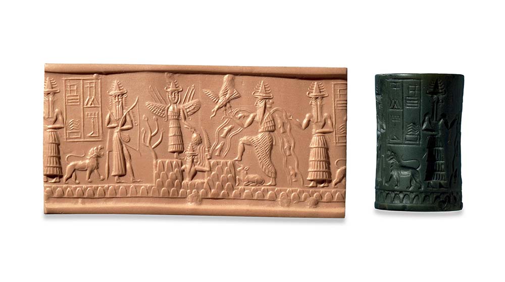 Cylinder seal featuring Ishtar, Mesopotamia, c. 2300 BC.