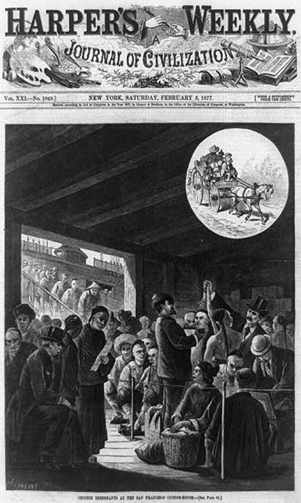 Chinese immigrants at the San Francisco Custom-House, 1877. Library of Congress.