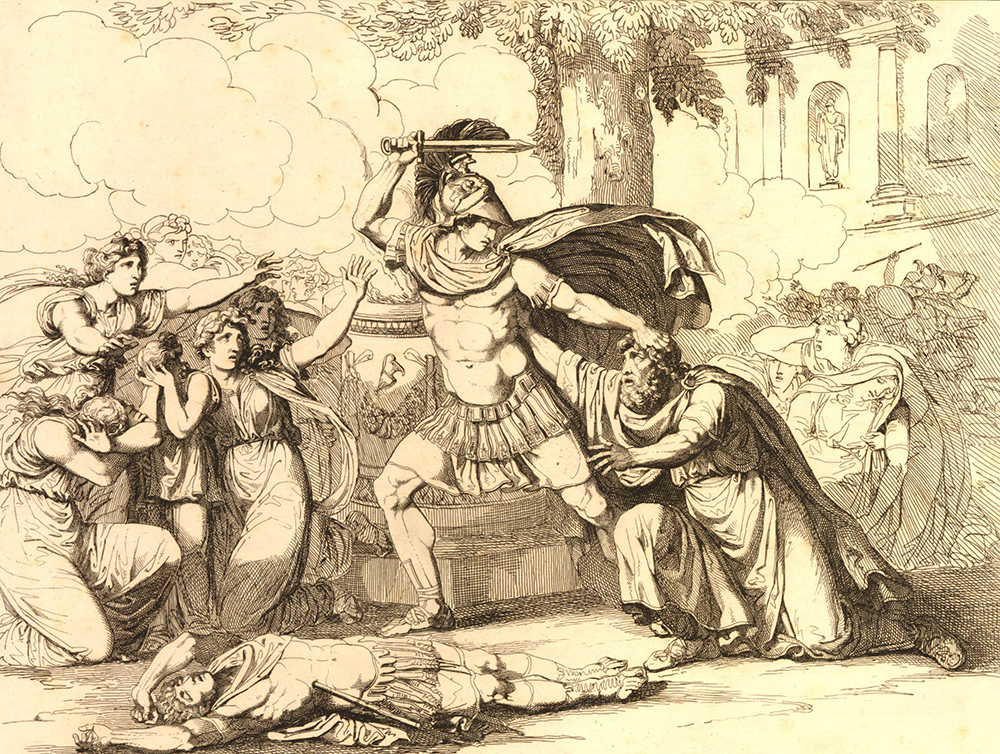 A print of Pyrrhus about to strike Priam, by Bartolommeo Pinelli, c. 1811. The British Museum.