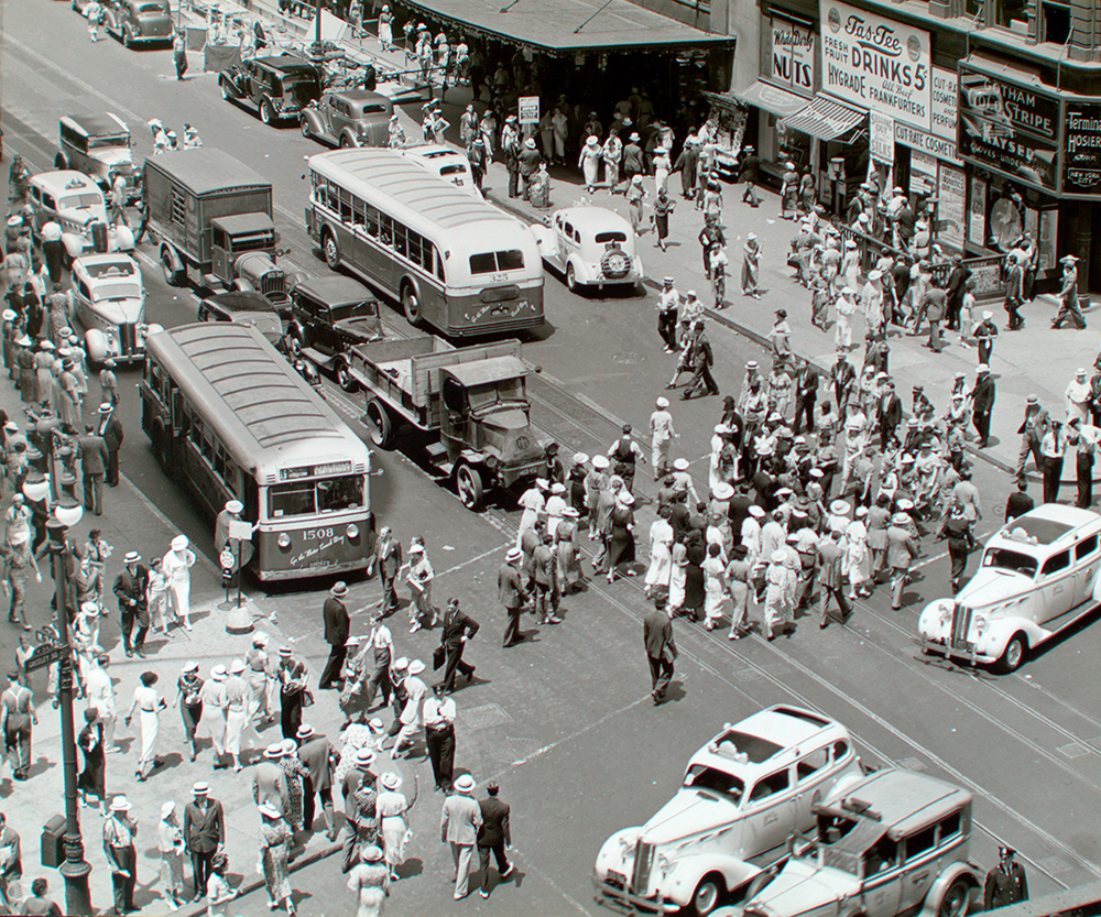 Herald Square, 34th and Broadway, Manhattan, 1936. Photograph by Berenice Abbott.