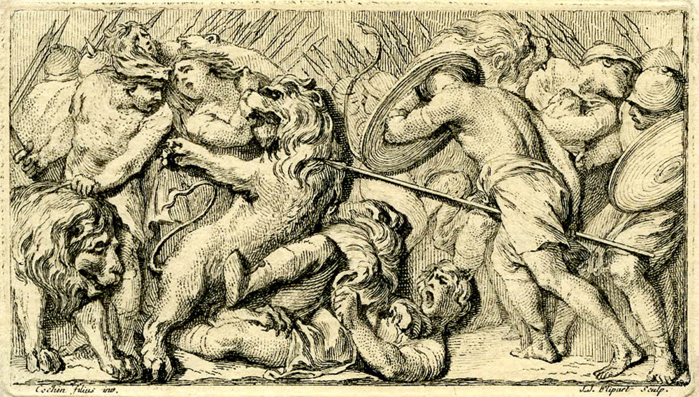 Etching of men in classical armor and lions, fighting; illustration from Lucretius’ On the Nature of Things, book 5, by Jean Jacques Flipart, after Charles Nicolas Cochin fils, c. 1754. © The Trustees of the British Museum.