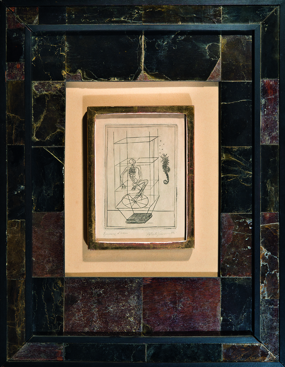 Frame of blackened wood and mica designed by Jean-Michel Frank, containing a print of a drawing by Alberto Giacometti for the frontispiece of the book Les Pieds dans le plat by René Crevel, c. 1933.