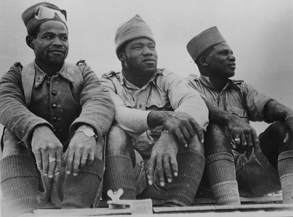 Three members of the Free French Foreign Legion—from Senegal, Equatorial Africa, and Madagascar, respectively—who distinguished themselves in the battle at Bir Hakeim, 1942. Library of Congress, Prints and Photographs Division.