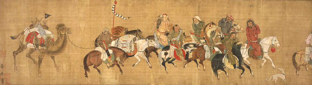 Handscroll of Wang Zhaojun’s convoy showing men and women on horseback.