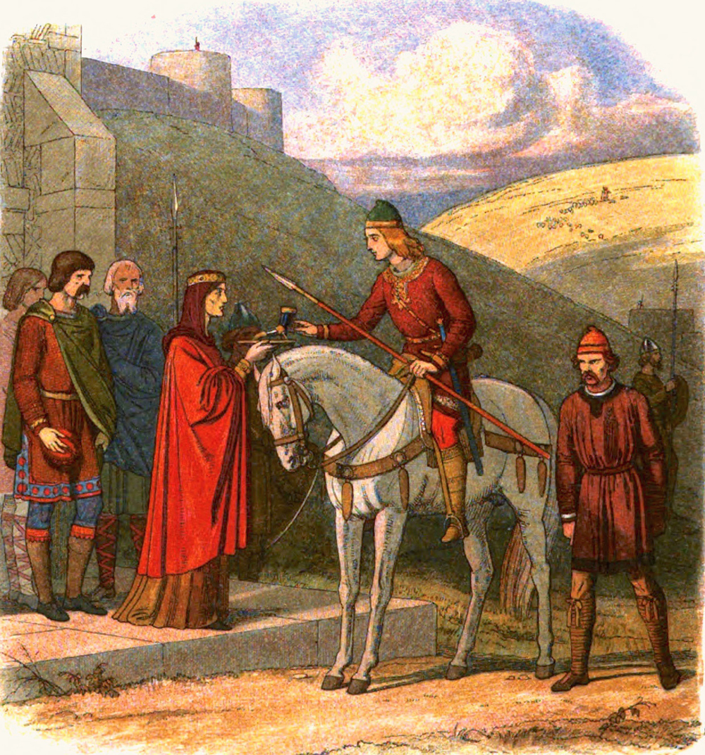 Edward the Martyr is offered a cup of mead by Aelfthryth, unaware that her attendant is about to murder him.
