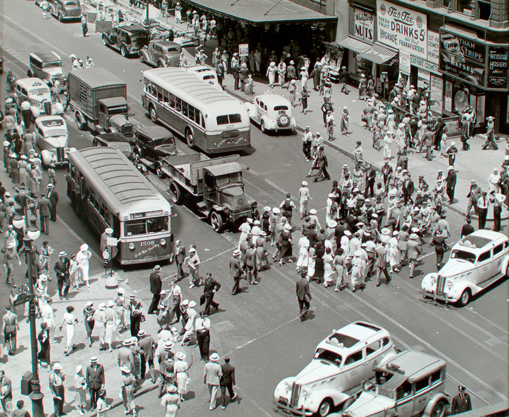 Herald Square, 34th and Broadway, Manhattan, 1936. Photograph by Berenice Abbott. The New York Public Library, The Miriam and Ira D. Wallach Division of Art, Prints and Photographs.