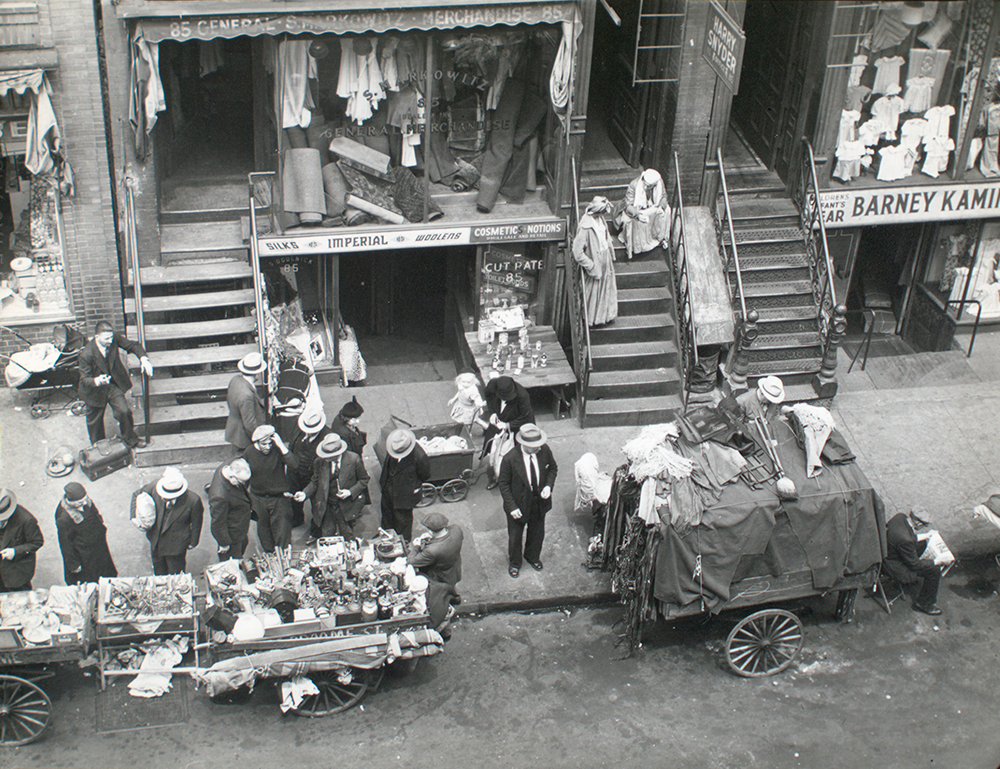 Hester Street, between Allen and Orchard Streets, Manhattan, 1938. Photograph by Berenice Abbott. The New York Public Library, The Miriam and Ira D. Wallach Division of Art, Prints and Photographs: Photography Collection.