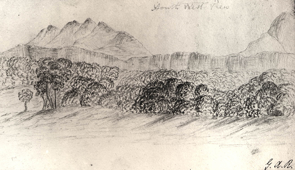 Forest scene with mountain range behind, by George Augustus Robinson, c. 1839. British Museum.