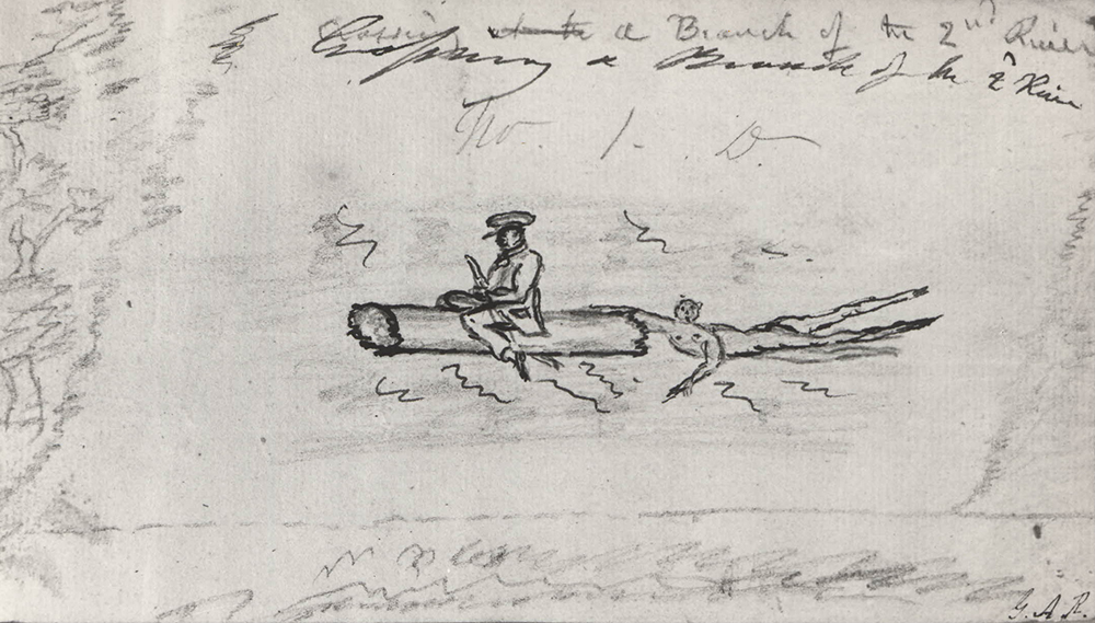 Figure of a man, George Augustus Robinson, in a tunic jacket and peak cap sitting on a log, by George Augustus Robinson, c. 1839. British Museum.
