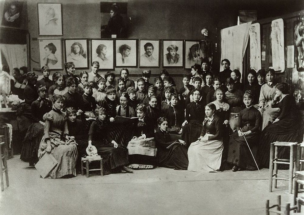 Photograph of women students at the Académie Julian, c. 1885. Library of Congress, Prints and Photographs Division.