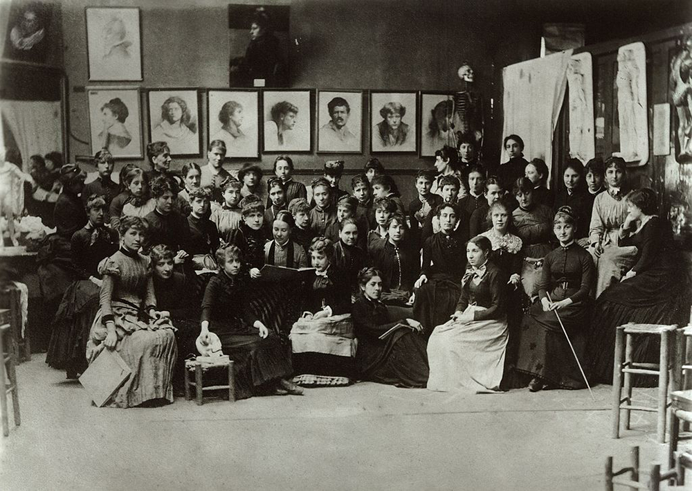 Photograph of women students at the Académie Julian, c. 1885. Library of Congress, Prints and Photographs Division.