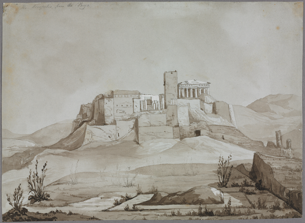 A drawing of the Athenian acropolis from afar.