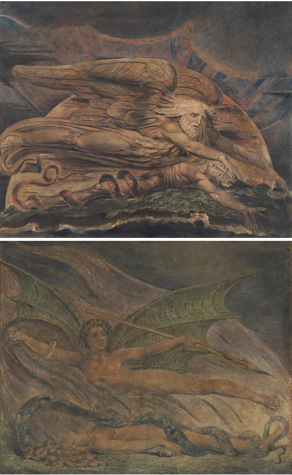 Top: Elohim Creating Adam, by William Blake, c. 1795. Bottom: Satan Exulting over Eve, by William Blake, c. 1795.