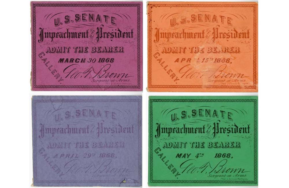Admission tickets to the impeachment trial of Andrew Johnson, 1868.