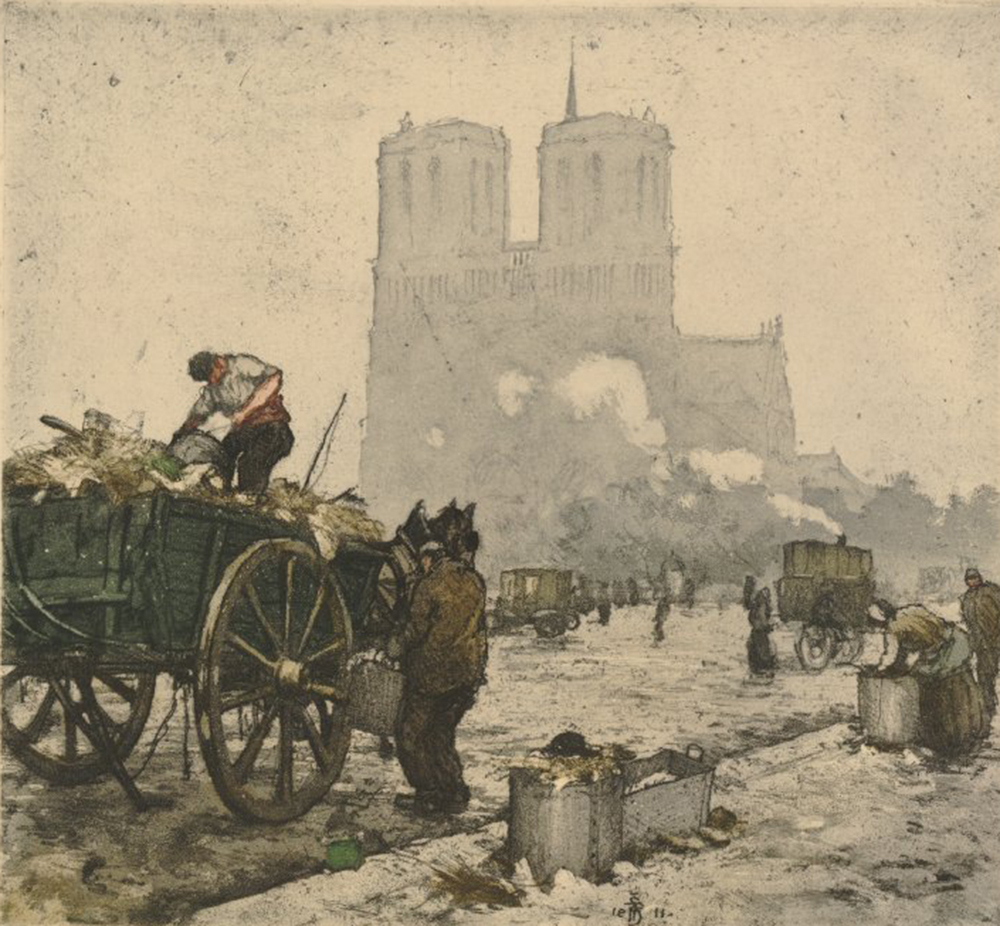 “Street scene in Paris with Notre Dame Cathedral beyond,” by Frantisek Simon, c. 1911. The British Museum.