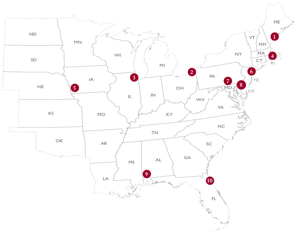 Map of eastern half of the United States with numbers indicating locations below