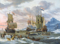 A painting of sail ships on the water.