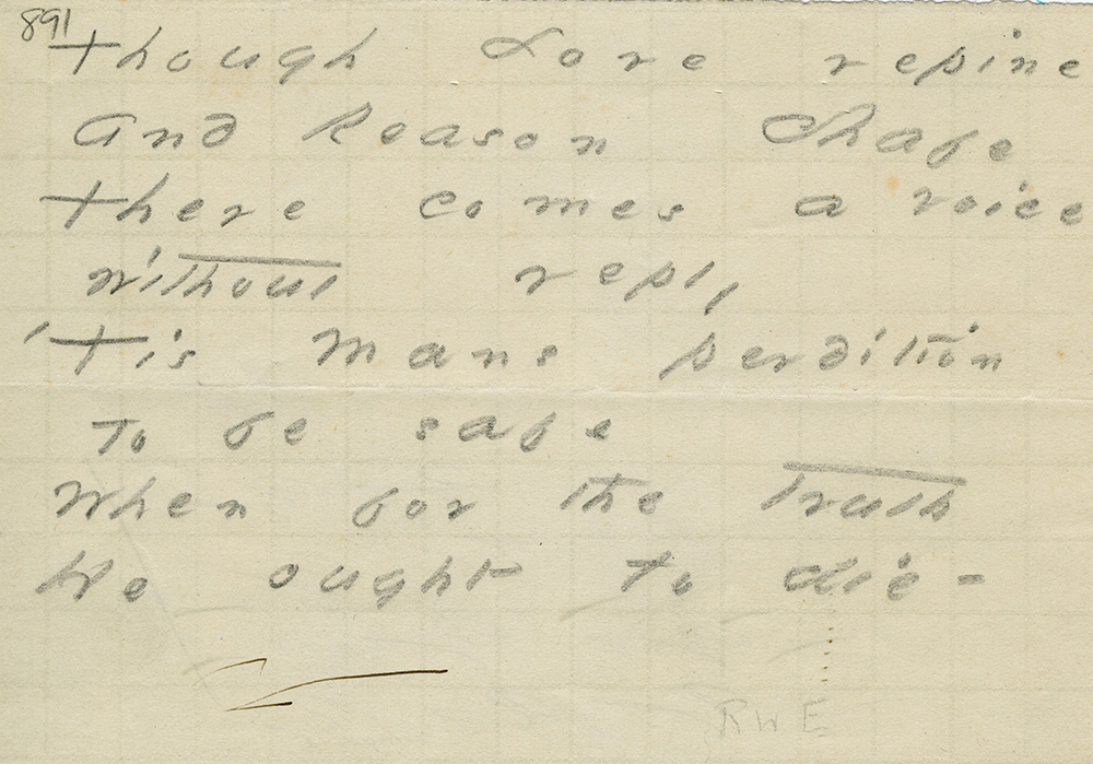 Emily Dickinson transcription of Ralph Waldo Emerson's “Sacrifice.” Amherst College Archives & Special Collections.