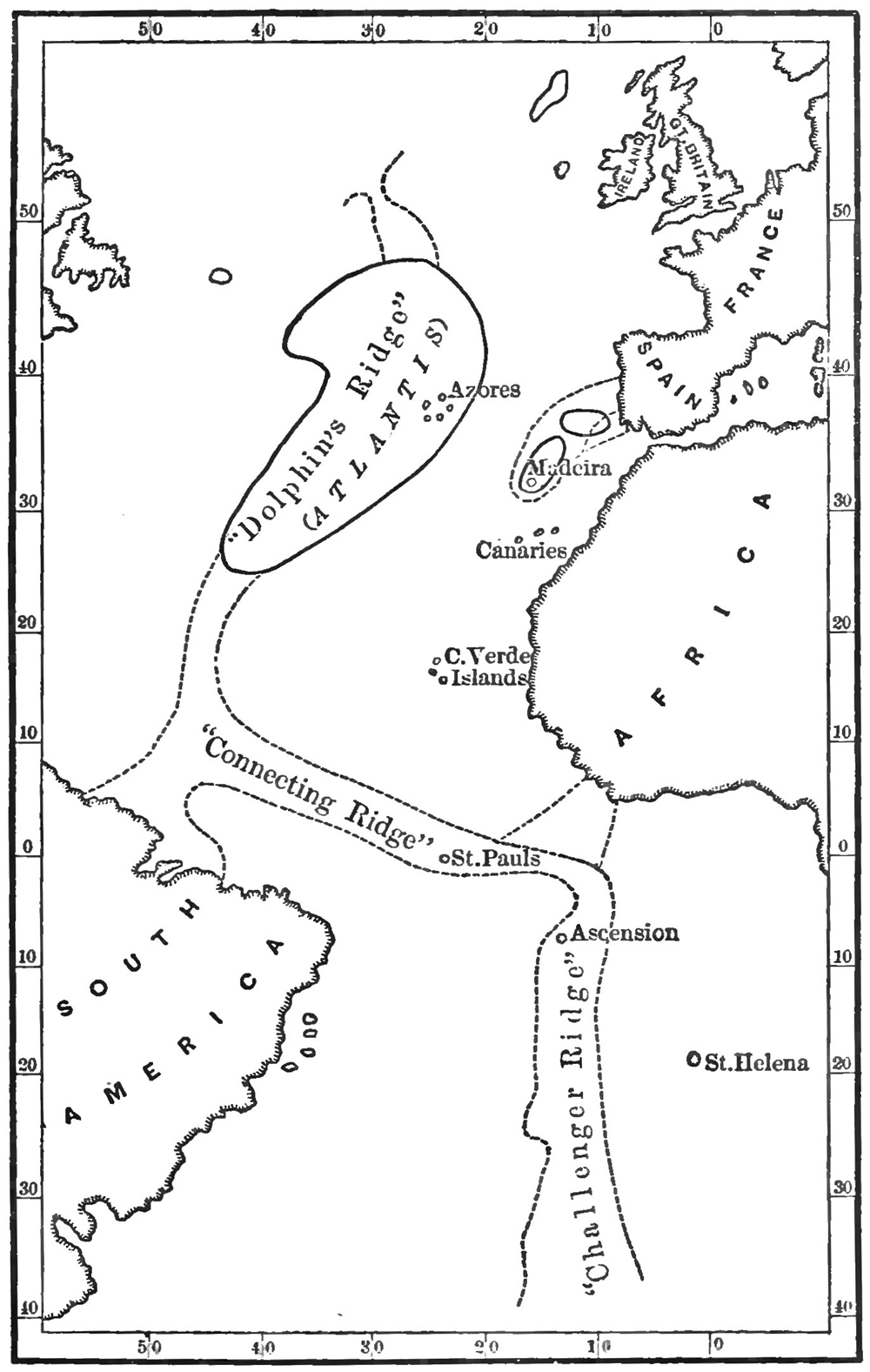 Map of Atlantis, with its islands and connecting ridges, from deep-sea soundings, from Atlantis: The Antediluvian World (1882) by Ignatius Donnelly.