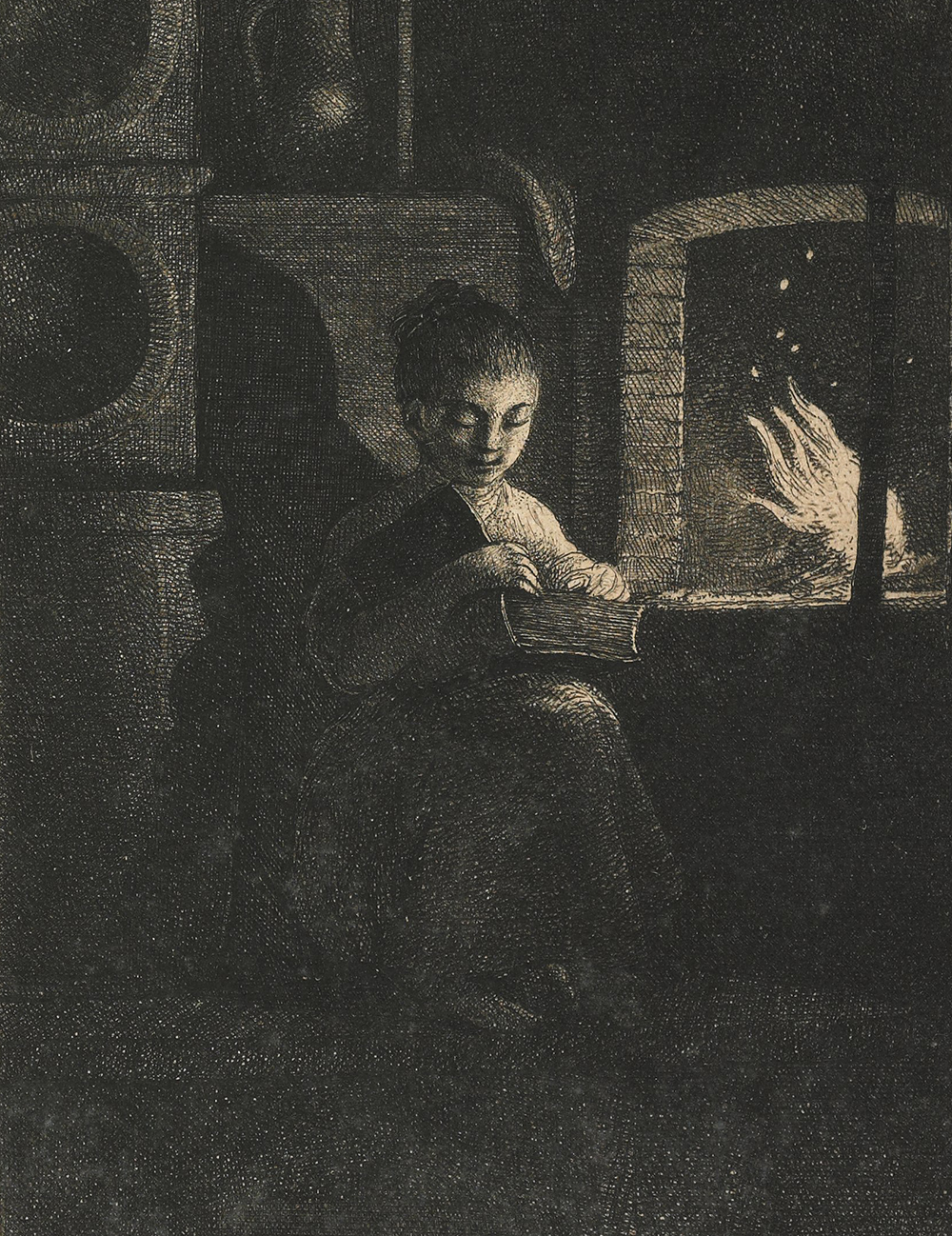 Young Girl Reading by a Fire, etching by Jean-Pierre Norblin de la Gourdaine, c. 1774. The Minneapolis Institute of Art, Gift of John E. Andrus III.