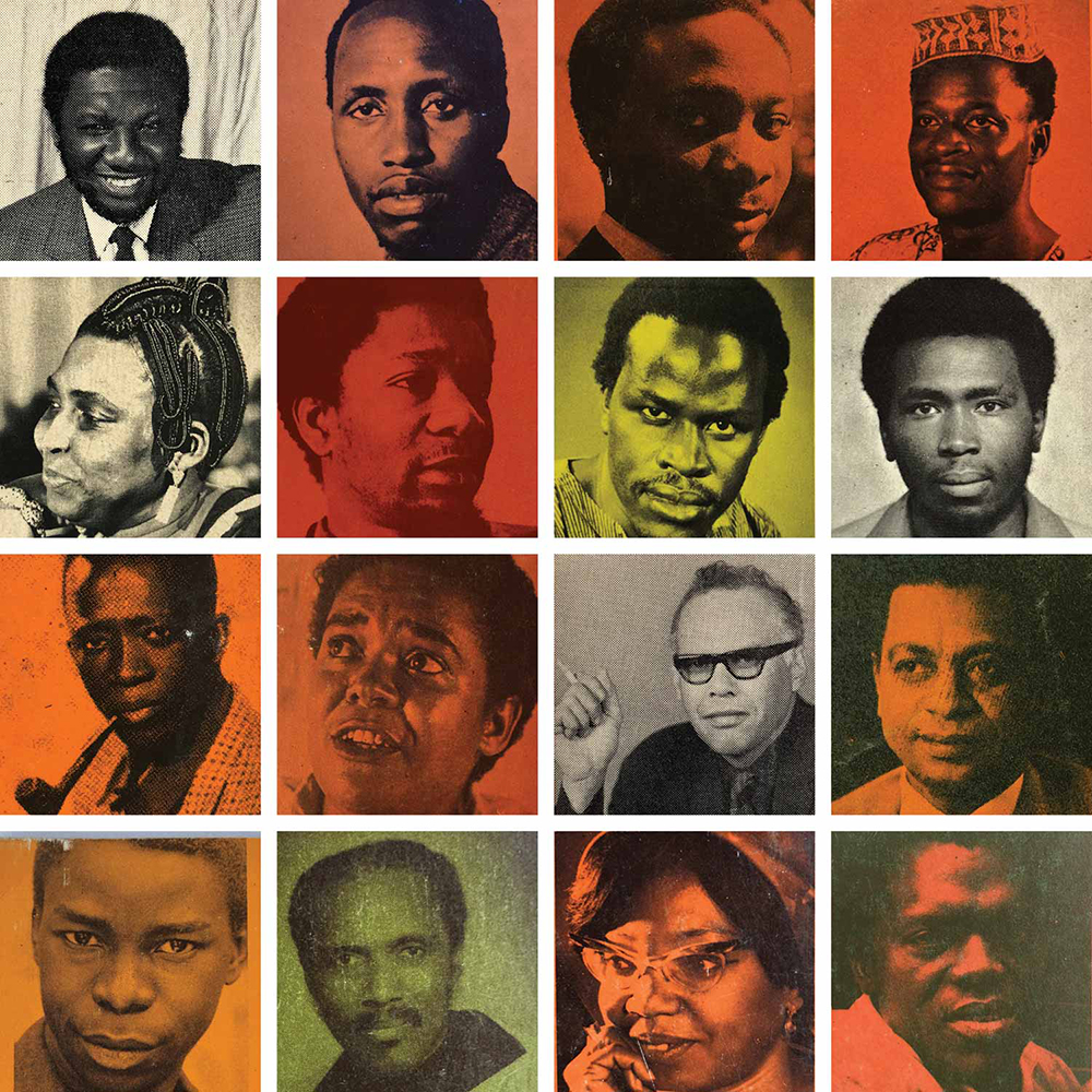 African Writers Series authors (from top left): Lenrie Peters, Ngũgĩ wa Thiong’o, Robert Serumaga, Nkem Nwankwo, Mariama Bâ, Wole Soyinka, Taban Lo Liyong, Meja Mwangi, Sembène Ousmane, Bessie Head, Alex La Guma, Tayeb Salih, Luis Bernardo Honwana, Joe de Graft, Flora Nwapa, Onuora Nzekwu.