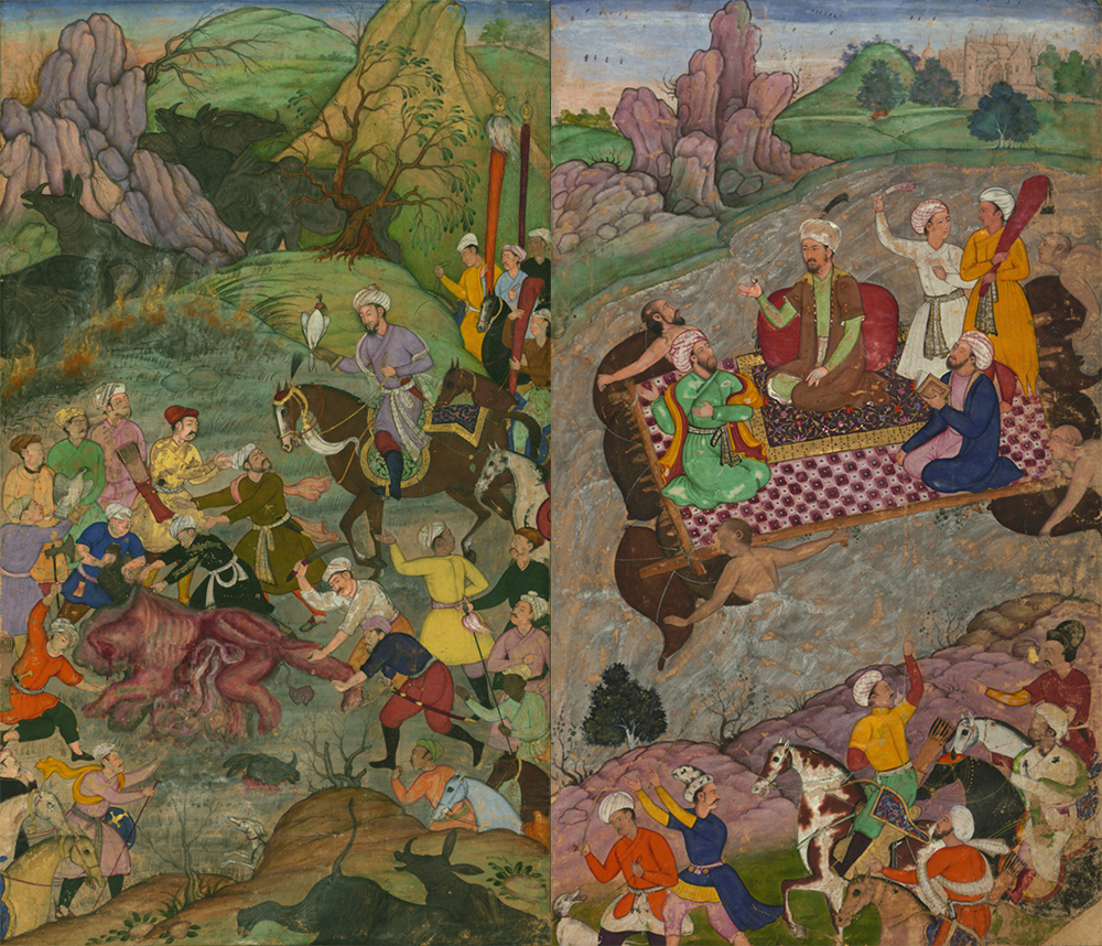 “Babur and His Party Hunting for Rhinoceros in Swati” (L) and “Babur Riding a Raft from Kunar Back to Atar” (R), from the Baburnama (Book of Babur). Walters Art Museum.