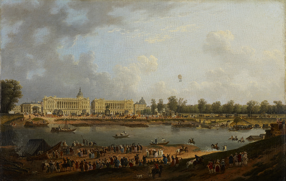 The Balloon Flight of Jacques Charles over the Place de la Concorde, Paris, attributed to Pierre Antoine de Machy, c. 1783. Minneapolis Institute of Art, Gift of Russell A. Plimpton in memory of Lt. William Gardner White, U.S.N.R.