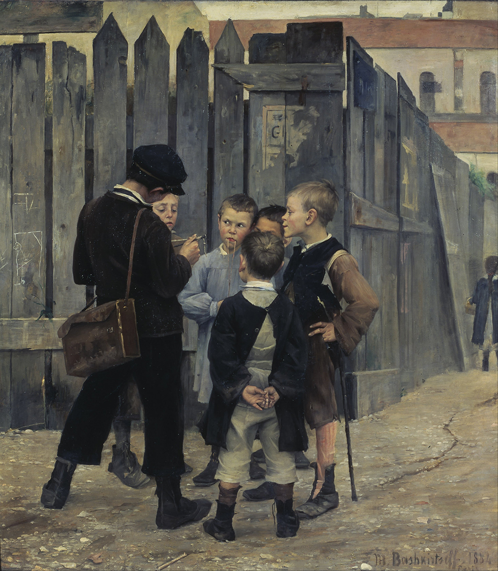 Painting of five boys standing in a circle in front of a fence. The Meeting, by Marie Bashkirtseff, 1884. Wikimedia Commons, Musée d’Orsay.