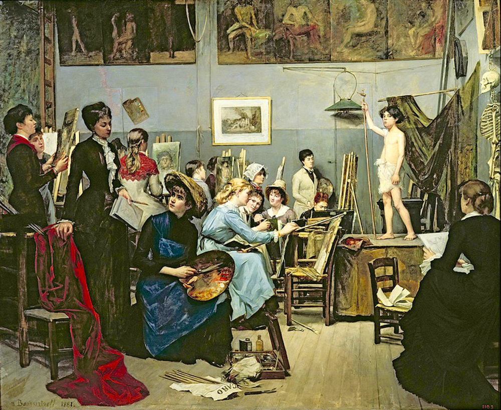 Painting of women painting a boy in a studio. In the Studio, by Marie Bashkirtseff, 1881. Wikimedia Commons, Dnipropetrovsk State Art Museum.