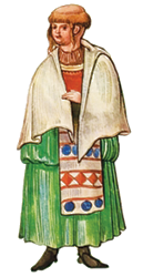 Drawing of a woman wearing a long green dress covered with a white shawl