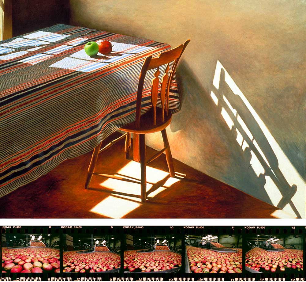 Top: Striped Tablecloth with Two Apples, by Leigh Palmer, 1983. Bottom: Columbia Marketing International packing plant in Wenatchee, Washington, 1998. Photograph by Douglas Graham. 