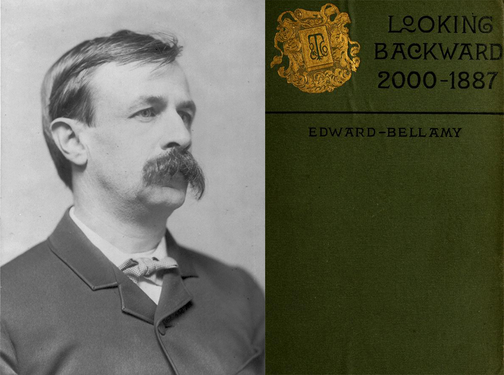 (L) Edward Bellamy, c. 1889. Library of Congress, Prints and Photographs Division. (R) Cover of Looking Backward (1888) by Edward Bellamy.