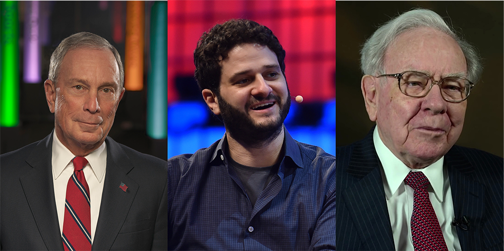 Michael Bloomberg, 2015 (Bloomberg Philanthropies); Dustin Moskovitz, 2017 (David Fitzgerald/Web Summit via Sportsfile); Warren Buffett, 2015 (USA International Trade Administration).