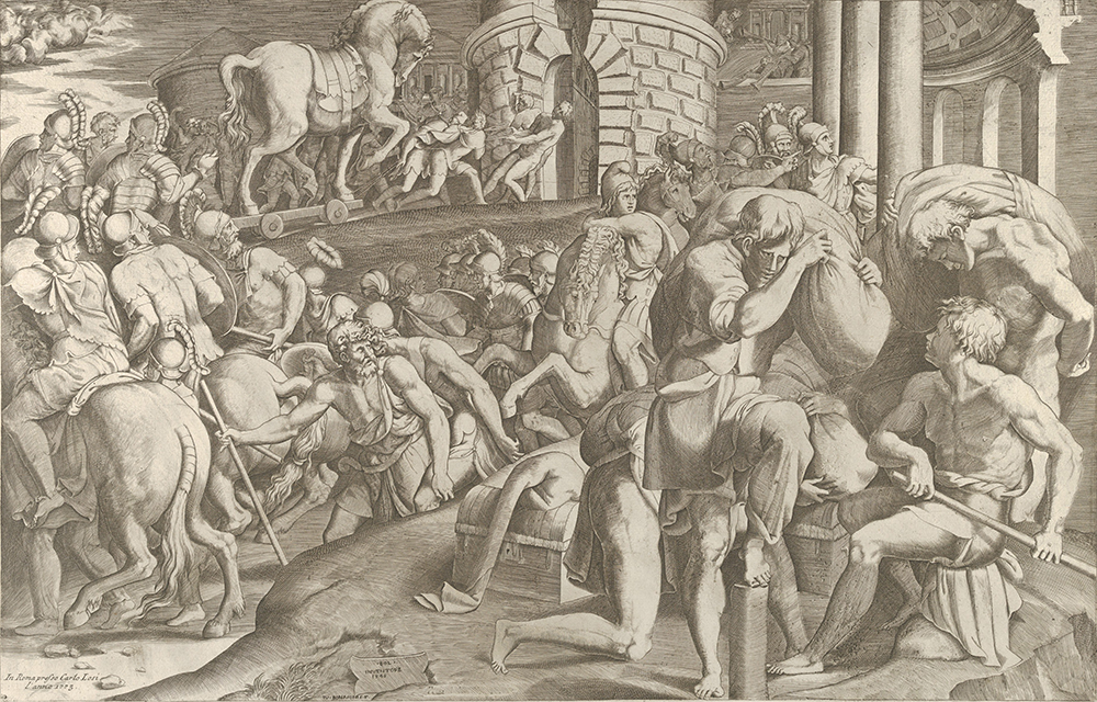 The Trojans hauling the wooden horse into Troy, engraving by Giulio Bonasone, after Francesco Primaticcio, 1545. The Metropolitan Museum of Art, The Elisha Whittelsey Collection, The Elisha Whittelsey Fund, 1949.