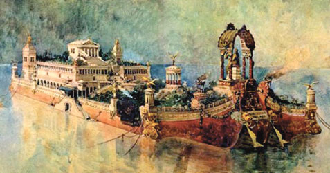 A drawing of a large opulent ship. On the ship there appears to be a palace or temple as well as trees and gardens.