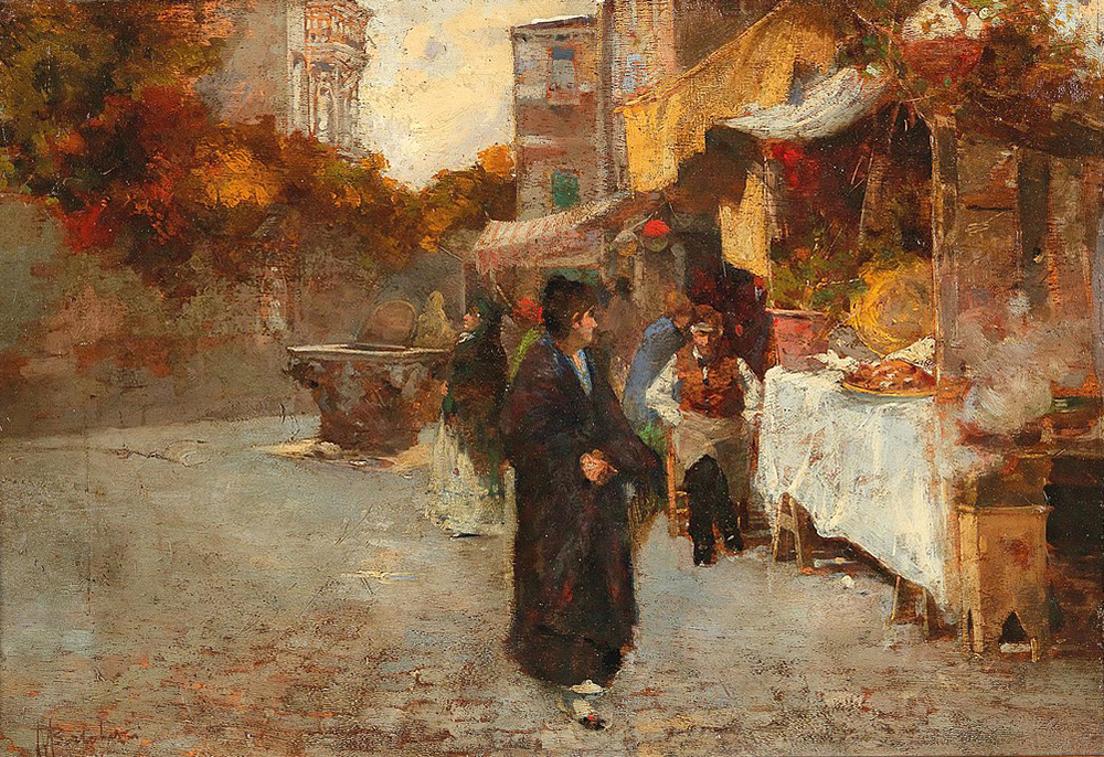 A painting of a street in Venice. A figure wearing a long coat looks back at the food vendors as they walk along.